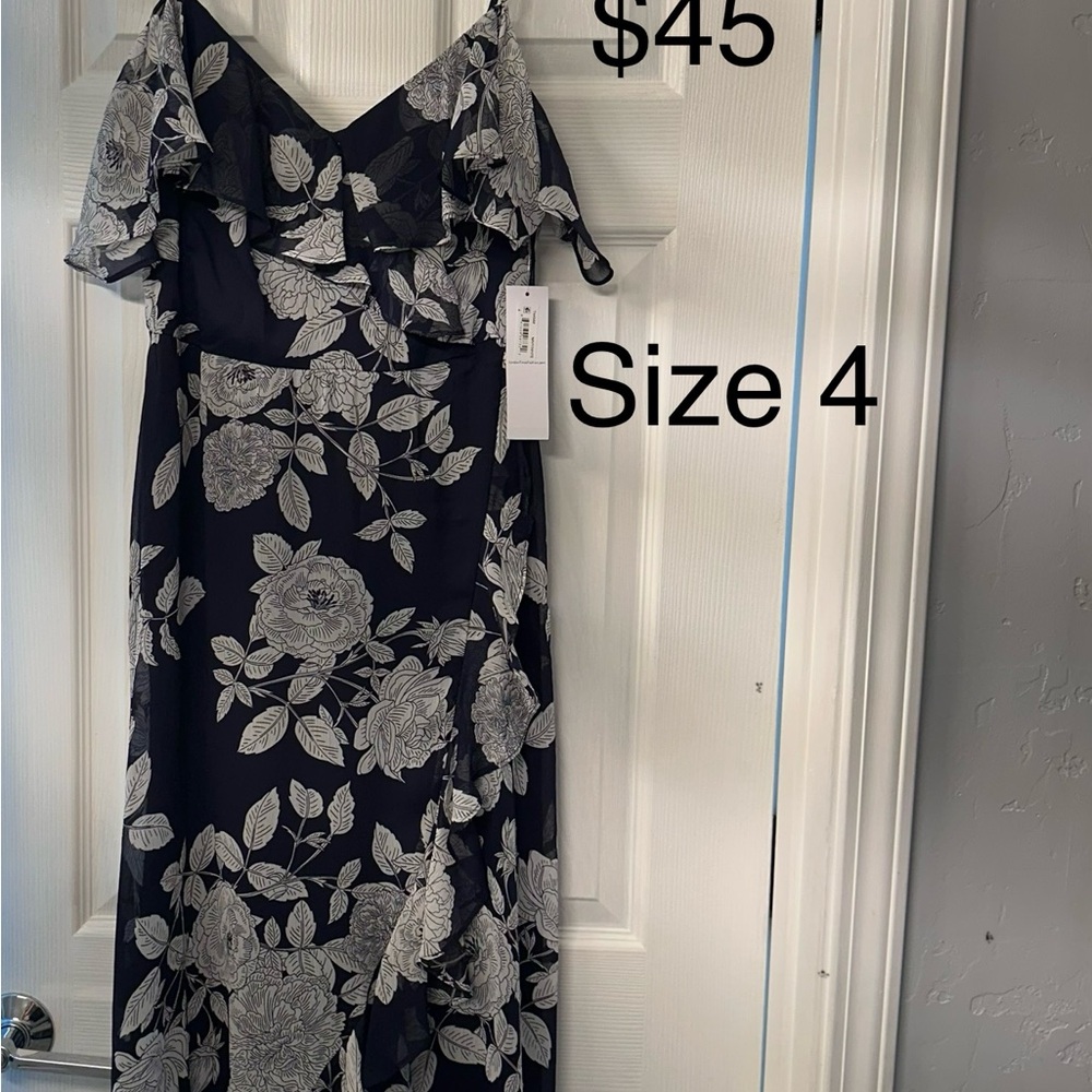 Floral Off-Shoulder Dress - Navy and White